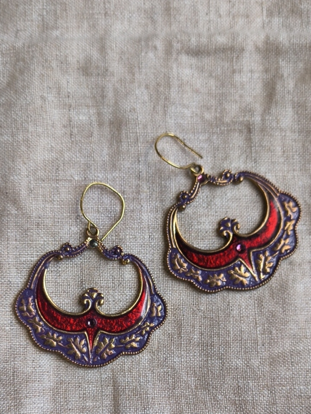 Purple And Red Brass Toned Gypsy Boho Chic Earrings Moroccan Renaissance Faire
